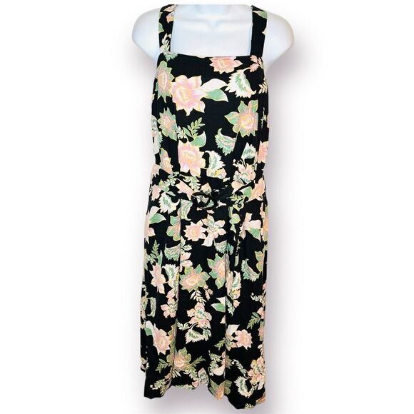 Love for Humanity Black Pink Floral Belted Flare Pinafore Midi Dress Black XXL - Picture 2 of 12